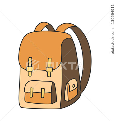 Adventure backpack in color sketch style. Camp equipment for hiking, bag icon with doodle drawing and travel expedition concept. Graphic element for outdoor gear and journey. Adventure backpack in color sketch style. Camp equipment for hiking, bag icon with doodle drawing and travel expedition concept. Graphic element for outdoor gear and journey. 139664911