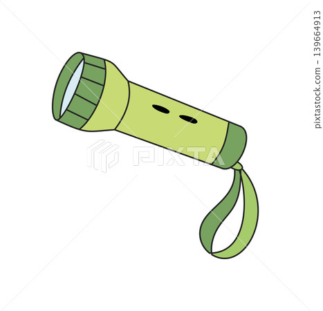 Green camping flashlight doodle icon. Equipment for outdoor hiking and adventure as essential camp element. Use for travel or camping, color style, hiking accessory, trip, and adventure Green camping flashlight doodle icon. Equipment for outdoor hiking and adventure as essential camp element. Use for travel or camping, color style, hiking accessory, trip, and adventure 139664913