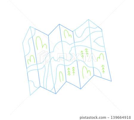 Folded camp map rendered with color line and doodle style. Adventure and hiking map shows mountain forest routes. Icon captures travel, nature, drawing themes in a playful outdoor format. 139664918