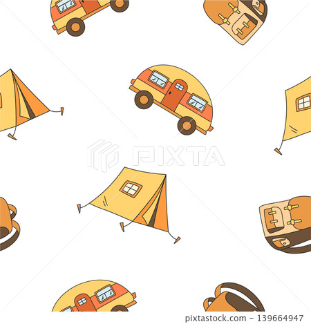 Seamless colorful outdoor adventure pattern with tent, car, campground, and bag in doodle style. Camp and travel elements create playful background for adventure camp themed design projects. Seamless colorful outdoor adventure pattern with tent, car, campground, and bag in doodle style. Camp and travel elements create playful background for adventure camp themed design projects. 139664947