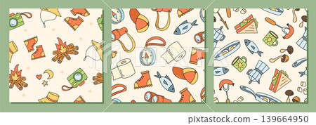 Seamless outdoor camp pattern collection in cartoon color sketch style. Hiking equipment with playful picnic, campfire, backpack and doodle adventure, ideal for fun backgrounds and outdoor Seamless outdoor camp pattern collection in cartoon color sketch style. Hiking equipment with playful picnic, campfire, backpack and doodle adventure, ideal for fun backgrounds and outdoor 139664950