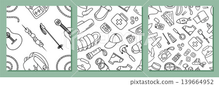Adventure camp seamless pattern set in black sketch doodle style. Outdoor expedition equipment with icon backpack, campfire motif and bold color accents. Pattern serves as set for adventure gear Adventure camp seamless pattern set in black sketch doodle style. Outdoor expedition equipment with icon backpack, campfire motif and bold color accents. Pattern serves as set for adventure gear 139664952