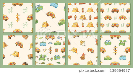 Colorful camp doodle seamless pattern set with tent, car, campfire, lantern, mountain, lake, and tree. Pattern presents adventure and outdoor theme, perfect for camping summer recreation Colorful camp doodle seamless pattern set with tent, car, campfire, lantern, mountain, lake, and tree. Pattern presents adventure and outdoor theme, perfect for camping summer recreation 139664957