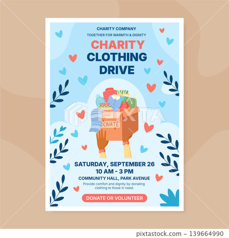 Charity clothes donation box with flat light background. Needy community receive cloth and care as people share a gift of support. Homeless aid poster and banner print for donation drive donate Charity clothes donation box with flat light background. Needy community receive cloth and care as people share a gift of support. Homeless aid poster and banner print for donation drive donate 139664990