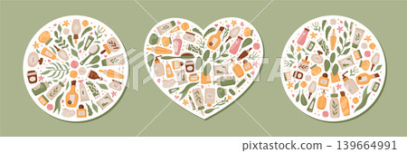 Cartoon cosmetic sticker collection with soft green and beige color. Heart and round badge show natural skin care beauty product in cute flat style. Organic skincare bodycare concept as eco icon Cartoon cosmetic sticker collection with soft green and beige color. Heart and round badge show natural skin care beauty product in cute flat style. Organic skincare bodycare concept as eco icon 139664991