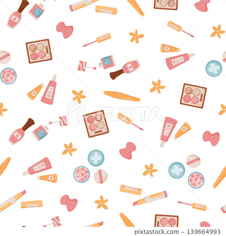 Flat cosmetic beauty seamless pattern with makeup and skincare product on white. Cream and lotion bottle skin care background form cute composition. Pastel pink orange color tile for cosmetic pack Flat cosmetic beauty seamless pattern with makeup and skincare product on white. Cream and lotion bottle skin care background form cute composition. Pastel pink orange color tile for cosmetic pack 139664993