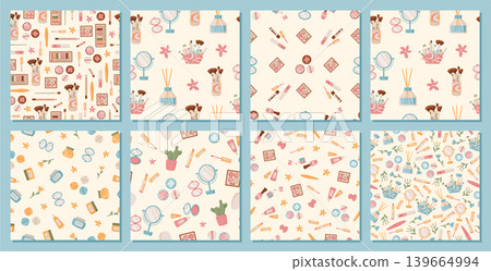 Flat skin care cosmetic seamless pattern set on soft beige background with blue and pink detail. Beauty makeup collection appears as cute product texture and trendy tile. Pastel powder, brush, mirror Flat skin care cosmetic seamless pattern set on soft beige background with blue and pink detail. Beauty makeup collection appears as cute product texture and trendy tile. Pastel powder, brush, mirror 139664994