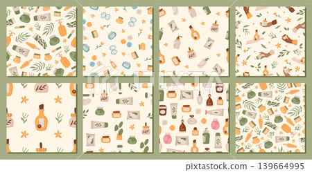 Flat beauty skin care pattern set seamless. Cosmetic skin product motif with bottle and cream jar as soft background. Seamless skincare lotion concept for spa pack and natural fashion banner Flat beauty skin care pattern set seamless. Cosmetic skin product motif with bottle and cream jar as soft background. Seamless skincare lotion concept for spa pack and natural fashion banner 139664995
