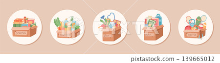 Set of flat circular donate box icons. Each charity patch shows gift goods and share help for community. Cute cartoon sticker style supports donation and contribution, ideal for support, aid or care Set of flat circular donate box icons. Each charity patch shows gift goods and share help for community. Cute cartoon sticker style supports donation and contribution, ideal for support, aid or care 139665012
