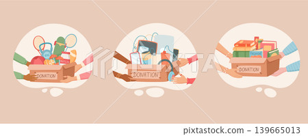 Flat charity help scene with donation box and hand in soft beige background. Community support act as people give gift goods and share love. Modern cartoon concept for humanitarian aid, ngo care 139665013