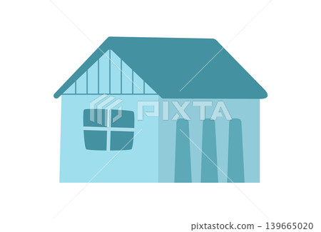 Simple teal house front view. Cozy residence as blue house and suburban family Cute property with gable roof and window. Modern dwelling facade for real estate homestead in flat color vector style Simple teal house front view. Cozy residence as blue house and suburban family Cute property with gable roof and window. Modern dwelling facade for real estate homestead in flat color vector style 139665020