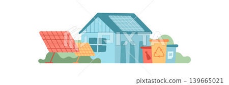 Modern eco home with blue solar energy panels. Flat eco house as smart home symbol of clean energy and recycling. Green in orange and blue yard for sustainability independence illustration Modern eco home with blue solar energy panels. Flat eco house as smart home symbol of clean energy and recycling. Green in orange and blue yard for sustainability independence illustration 139665021