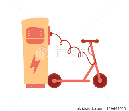 Modern electric scooter at eco station. Compact electric transport and green vehicle concept. Ecology and clean environment symbol with battery energy idea. Flat icon style for smart mobility Modern electric scooter at eco station. Compact electric transport and green vehicle concept. Ecology and clean environment symbol with battery energy idea. Flat icon style for smart mobility 139665023