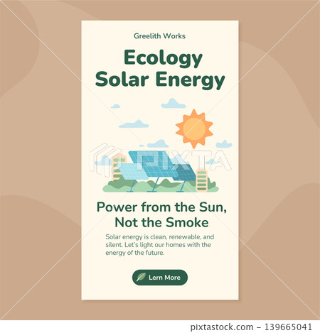 Vertical green solar energy banner with eco message and clean panel layout in flat style. Ecology poster for renewable power and environment care, social media template for sustainable future smart Vertical green solar energy banner with eco message and clean panel layout in flat style. Ecology poster for renewable power and environment care, social media template for sustainable future smart 139665041