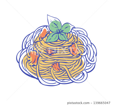 coquette italian pasta sketch with spaghetti dish and tomato basil dinner food. handdrawn doodle illustration for restaurant menu and cute vintage italian cuisine design on white background. coquette italian pasta sketch with spaghetti dish and tomato basil dinner food. handdrawn doodle illustration for restaurant menu and cute vintage italian cuisine design on white background. 139665047