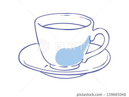 Whimsical coffee cup icon in simple ink line style with soft watercolor accent on saucer and cup. Minimal breakfast drink graphic for cafe menu design and beverage illustration, cute vector art on 139665048