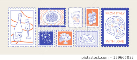 Mediterranean dinner food stamp set with pizza, spaghetti, dessert and wine in linear italian sketch style. Handdrawn orange and white illustration for restaurant menu, cafe graphic design vintage Mediterranean dinner food stamp set with pizza, spaghetti, dessert and wine in linear italian sketch style. Handdrawn orange and white illustration for restaurant menu, cafe graphic design vintage 139665052