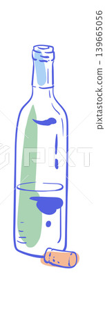 Whimsical hand drawn wine bottle doodle. Cute wine glass style bottle and cork icon with soft blue and green color. Fun drink element as minimalist background for cafe menu, party invitation or Whimsical hand drawn wine bottle doodle. Cute wine glass style bottle and cork icon with soft blue and green color. Fun drink element as minimalist background for cafe menu, party invitation or 139665056