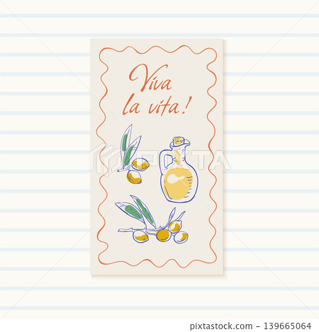 Whimsical yellow olive oil banner background set. Mediterranean breakfast card with blue bottle and olive leaves branch set. Cute italian and french food frame, ideal for cafe menu or restaurant 139665064