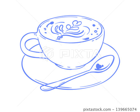 Cute blue hand drawn coffee cup icon. Whimsical hot latte mug as playful cappuccino drink at cozy cafe breakfast table. Simple doodle cup with saucer suits menu, restaurant card or bakery morning Cute blue hand drawn coffee cup icon. Whimsical hot latte mug as playful cappuccino drink at cozy cafe breakfast table. Simple doodle cup with saucer suits menu, restaurant card or bakery morning 139665074