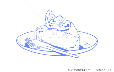 Vintage french cake sketch on plate. Whimsical lemon dessert doodle with cute bakery mood. Cozy breakfast cafe background for menu or card and icon use in minimalist blue food art Vintage french cake sketch on plate. Whimsical lemon dessert doodle with cute bakery mood. Cozy breakfast cafe background for menu or card and icon use in minimalist blue food art 139665075
