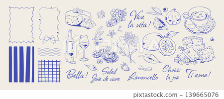 Coquette mediterranean morning food ink line. Cute blue doodle set with cup and wine as breakfast accents. Italian cheese and croissant appear as cafe meal brunch menu element with template frame Coquette mediterranean morning food ink line. Cute blue doodle set with cup and wine as breakfast accents. Italian cheese and croissant appear as cafe meal brunch menu element with template frame 139665076