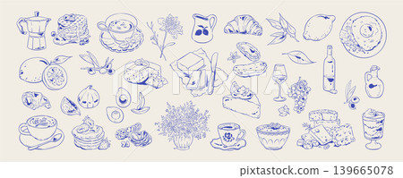 Hand drawn french breakfast in blue line set. Whimsical cafe food set as cute pancakes, croissant and coffee cup with bakery bread and cheese plate. Italian brunch icon collection fits restaurant Hand drawn french breakfast in blue line set. Whimsical cafe food set as cute pancakes, croissant and coffee cup with bakery bread and cheese plate. Italian brunch icon collection fits restaurant 139665078