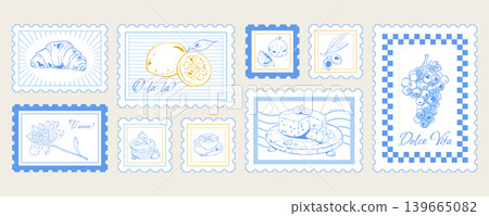Whimsical hand drawn breakfast stamp collection in soft blue and yellow tone. Cute french cafe food set shows croissant and pancakes with coffee cup, lemon, grape, olive cheese as sketch doodle icon Whimsical hand drawn breakfast stamp collection in soft blue and yellow tone. Cute french cafe food set shows croissant and pancakes with coffee cup, lemon, grape, olive cheese as sketch doodle icon 139665082