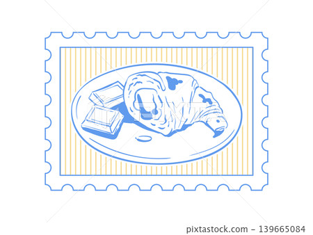 Blue vintage croissant doodle breakfast motif. French cornetto dessert on plate as cute morning food icon. Retro bakery stamp in yellow and blue, ideal for cafe menu art and whimsical food print Blue vintage croissant doodle breakfast motif. French cornetto dessert on plate as cute morning food icon. Retro bakery stamp in yellow and blue, ideal for cafe menu art and whimsical food print 139665084