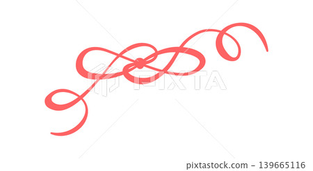 Curly coquette bow in soft red tone. Romantic knot as girly ribbon detail and decorative line accent. Hand drawn element suits cute love card or wedding invite with minimal whimsical vintage Curly coquette bow in soft red tone. Romantic knot as girly ribbon detail and decorative line accent. Hand drawn element suits cute love card or wedding invite with minimal whimsical vintage 139665116