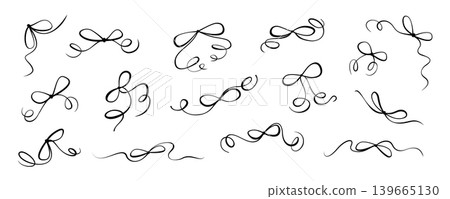 Delicate black coquette bow ornament set. Wavy ribbon sketch form playful frame and border element. Cute romantic decoration suit wedding invite or valentine card, with minimal doodle style as trendy 139665130