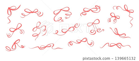 Red whimsical wedding bow doodle vector set. Cute ribbon knot collection as romantic frame and border. Coquette love ornament for valentine card and happy invite decoration, minimal holiday element 139665132