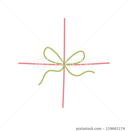 Cute coquette bow with string lines in soft red and green on white. Decorative curly knot motif as whimsical doodle gift accent. Simple romantic element for celebration card or birthday invite Cute coquette bow with string lines in soft red and green on white. Decorative curly knot motif as whimsical doodle gift accent. Simple romantic element for celebration card or birthday invite 139665174