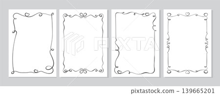 Whimsical hand drawn ribbon frame set. Romantic bow border with heart doodle and wavy line as cute outline. Minimal white card decor for wedding or valentine invitation, social media post and modern Whimsical hand drawn ribbon frame set. Romantic bow border with heart doodle and wavy line as cute outline. Minimal white card decor for wedding or valentine invitation, social media post and modern 139665201