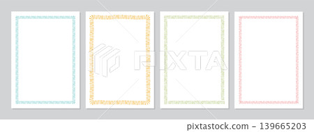 Simple minimalist hand drawn line frame in soft blue, yellow, green and red. Vertical rectangle border as cute decorative element and minimal outline for wedding or birthday card, modern invite, 139665203