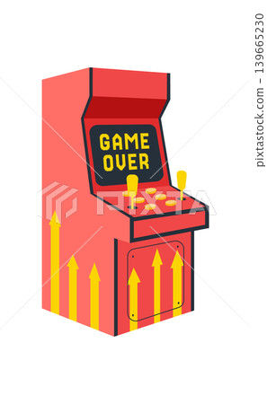 Retro arcade game machine in flat cartoon graphic style. Vintage joystick video game and electronic machine in bold red, for classic entertainment and fun. Nostalgic concept, playful colorful. Retro arcade game machine in flat cartoon graphic style. Vintage joystick video game and electronic machine in bold red, for classic entertainment and fun. Nostalgic concept, playful colorful. 139665230