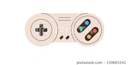Retro gamepad flat sticker design with vintage console controller. Classic joystick with videogame pad and gamer element, warm beige color and pop style for electronic entertainment technology Retro gamepad flat sticker design with vintage console controller. Classic joystick with videogame pad and gamer element, warm beige color and pop style for electronic entertainment technology 139665241
