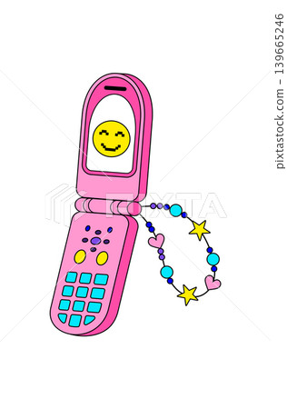 Cute pink phone badge in y2k retro cartoon graphic with emoji smile, star and heart style. Mobile icon has playful, fun, positive vibe perfect for trendy and vintage creative concepts. Cute pink phone badge in y2k retro cartoon graphic with emoji smile, star and heart style. Mobile icon has playful, fun, positive vibe perfect for trendy and vintage creative concepts. 139665246