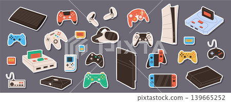 Y2K retro video game sticker set in cartoon graphic style with console, joystick and gamepad gadget. Colorful patch collection for playful entertainment and fun controller themes. Y2K retro video game sticker set in cartoon graphic style with console, joystick and gamepad gadget. Colorful patch collection for playful entertainment and fun controller themes. 139665252
