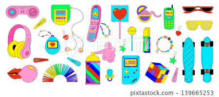 Cute y2k pop cartoon retro set in fun and trendy 2000s style with pink element and 90s graphic accent. Youthful set for pop icon decor retro inspired collection in modern cartoon look. Cute y2k pop cartoon retro set in fun and trendy 2000s style with pink element and 90s graphic accent. Youthful set for pop icon decor retro inspired collection in modern cartoon look. 139665253