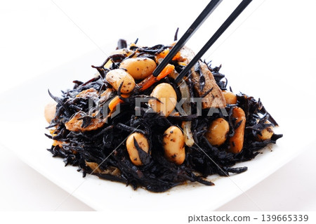 Simmered hijiki seaweed - A classic Japanese side dish. Simmered hijiki seaweed - A classic Japanese side dish. 139665339