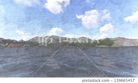 3DCG images of a tsunami/flood evacuation drill to higher ground and an evacuation tower; flooded, no people. 3DCG images of a tsunami/flood evacuation drill to higher ground and an evacuation tower; flooded, no people. 139665457