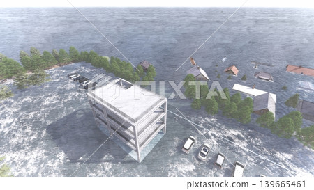 海嘯/洪水疏散演習到地勢較高處和疏散塔的 3DCG 影像;洪水氾濫,無人。 海嘯/洪水疏散演習到地勢較高處和疏散塔的 3DCG 影像;洪水氾濫,無人。 139665461