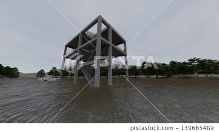 海嘯/洪水疏散演習到地勢較高處和疏散塔的 3DCG 影像；洪水氾濫，無人。 139665489