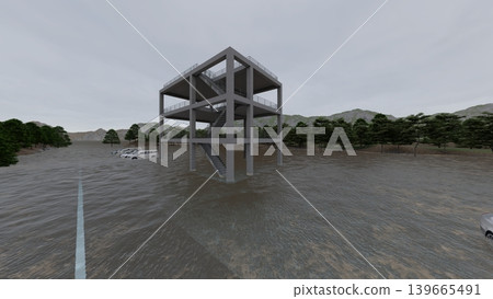 海嘯/洪水疏散演習到地勢較高處和疏散塔的 3DCG 影像;洪水氾濫,無人。 海嘯/洪水疏散演習到地勢較高處和疏散塔的 3DCG 影像;洪水氾濫,無人。 139665491