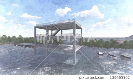 海嘯/洪水疏散演習到地勢較高處和疏散塔的 3DCG 影像;洪水氾濫,無人。 海嘯/洪水疏散演習到地勢較高處和疏散塔的 3DCG 影像;洪水氾濫,無人。 139665502
