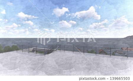 海嘯/洪水疏散演習到地勢較高處和疏散塔的 3DCG 影像;洪水氾濫,無人。 海嘯/洪水疏散演習到地勢較高處和疏散塔的 3DCG 影像;洪水氾濫,無人。 139665503