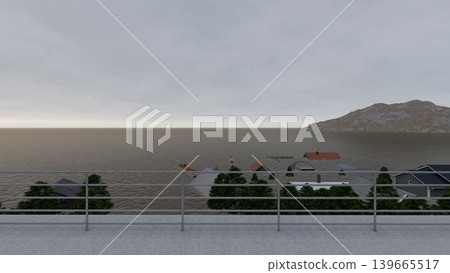 3DCG images of a tsunami/flood evacuation drill to higher ground and an evacuation tower; flooded, no people. 3DCG images of a tsunami/flood evacuation drill to higher ground and an evacuation tower; flooded, no people. 139665517