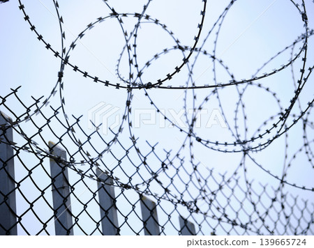 barbed wire in a prison wall barbed wire in a prison wall 139665724