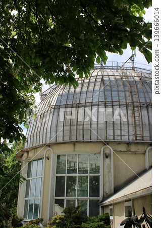 Greenhouse structure with a domed glass roof surrounded by lush foliage and trees, showcasing a blend of nature and architecture in a serene outdoor setting 139666014